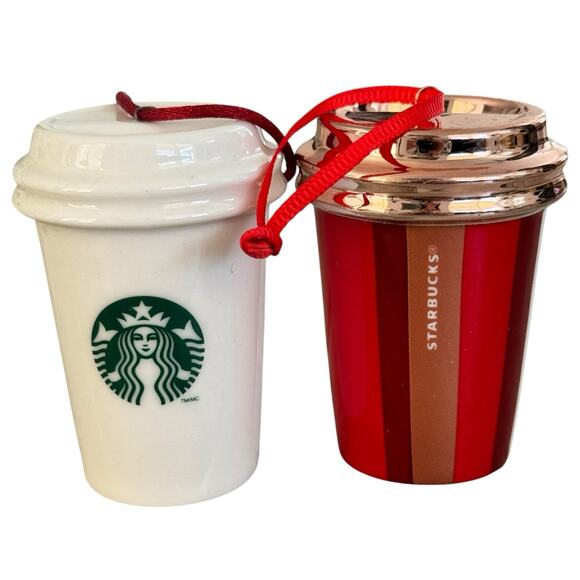 SET OF 2 STARBUCKS CHRISTMAS ORNAMENTS 2014 CUP & CHRISTMAS 2018 CUP - Picture 1 of 6